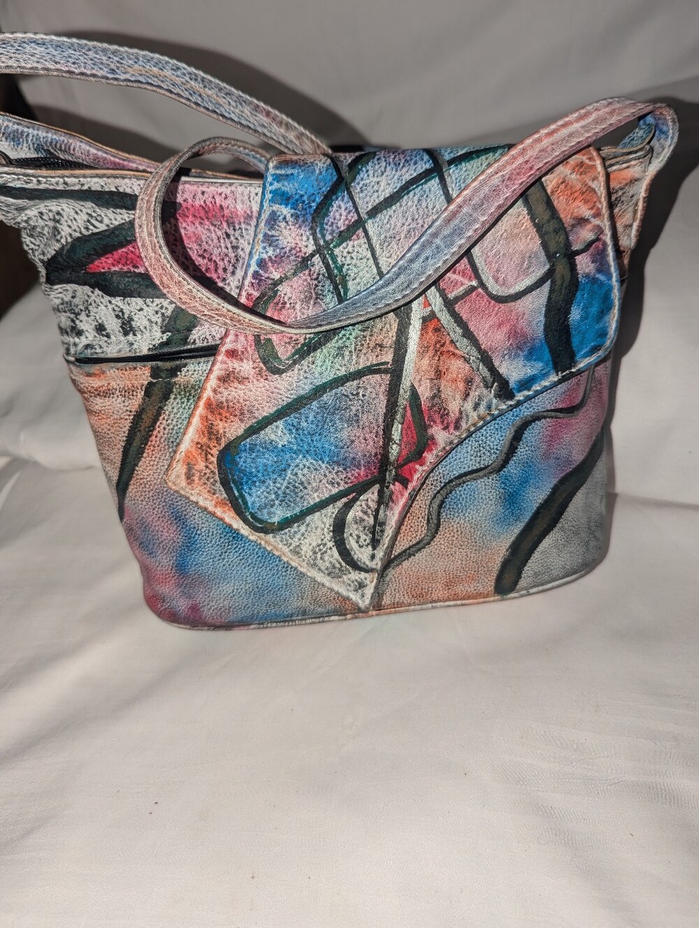 Vintage Botary Hand painted Colorful Abstract Leather Crossbody Bag